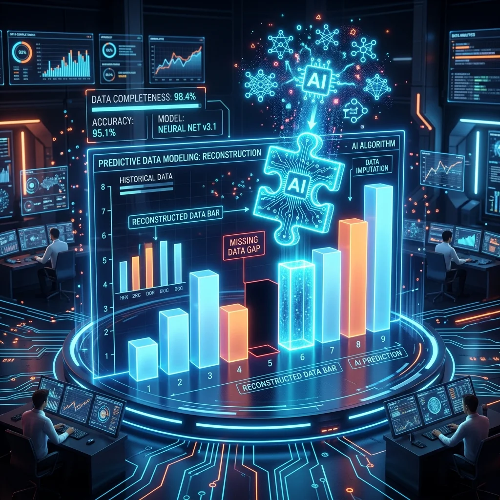 Conceptual 3D illustration of an AI algorithm filling missing gaps in a data dashboard
