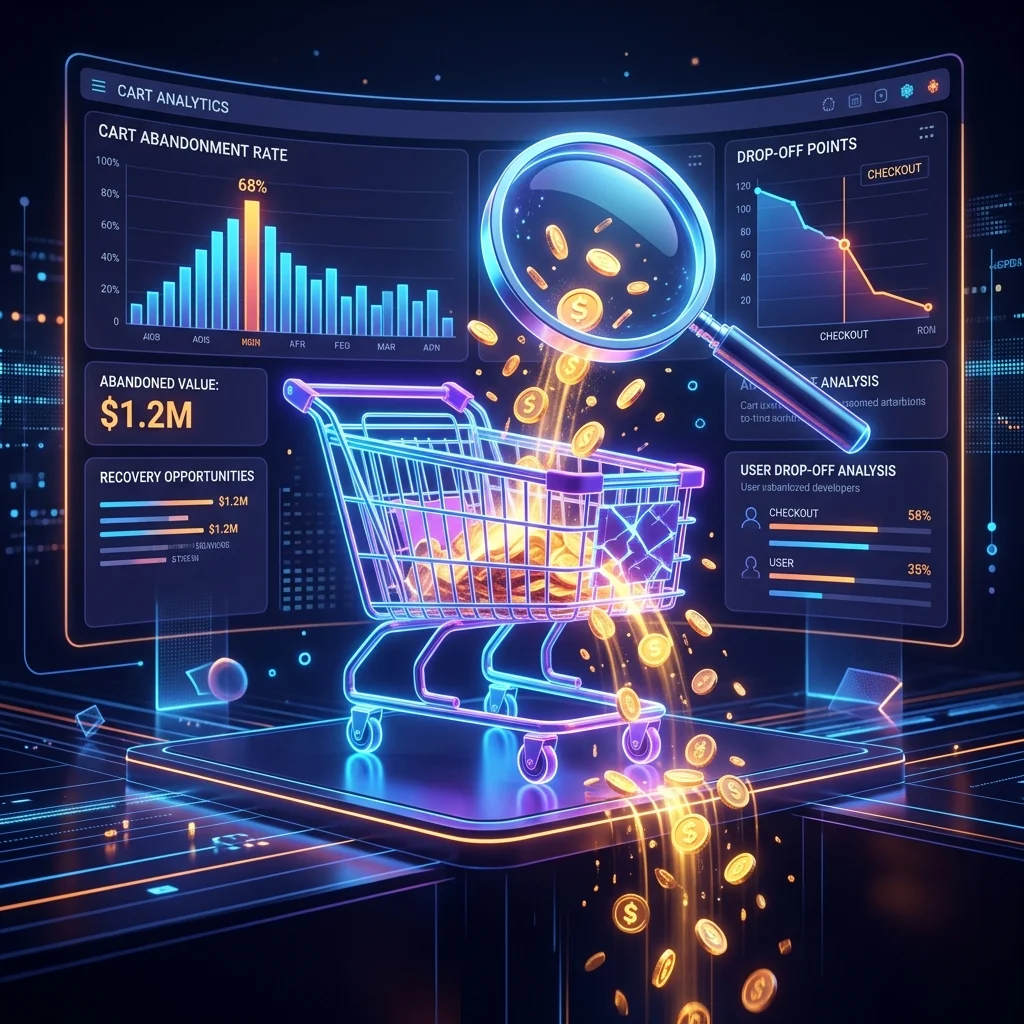 Shopping cart dropping coins with analytics dashboard highlighting abandonment