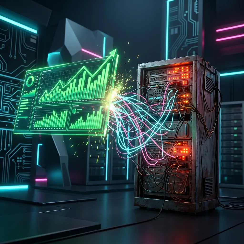 Conceptual 3D illustration of an analytics dashboard colliding with a backend server
