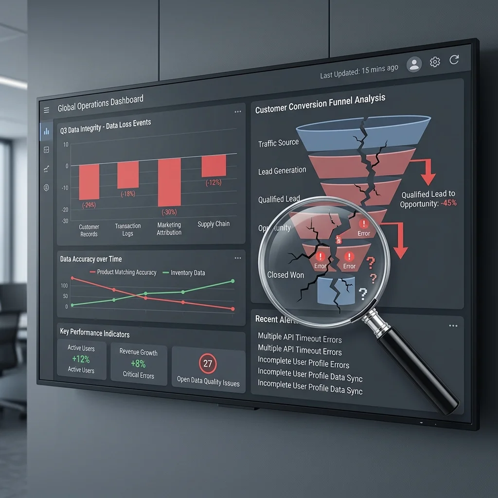 Conceptual 3D illustration of a fractured data dashboard
