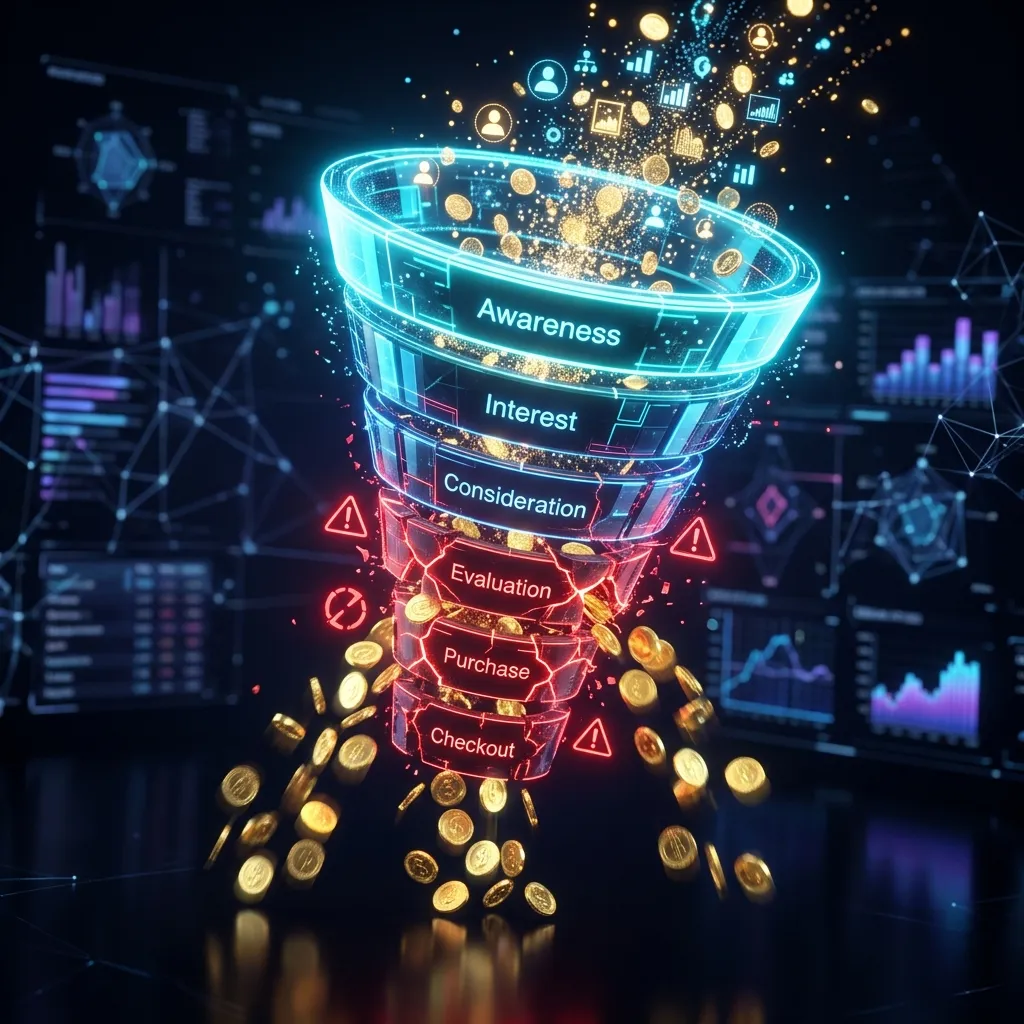 Conceptual 3D illustration of a digital funnel leaking coins due to checkout drop-offs