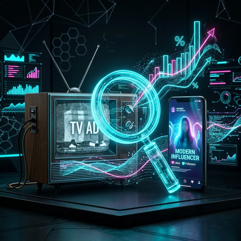 Conceptual 3D illustration of measuring TV and influencer data