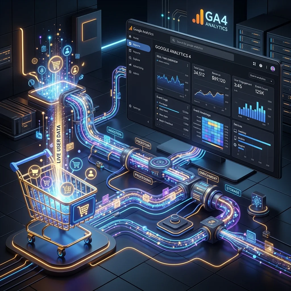 Data pipeline flowing from a shopping cart into a GA4 analytics dashboard